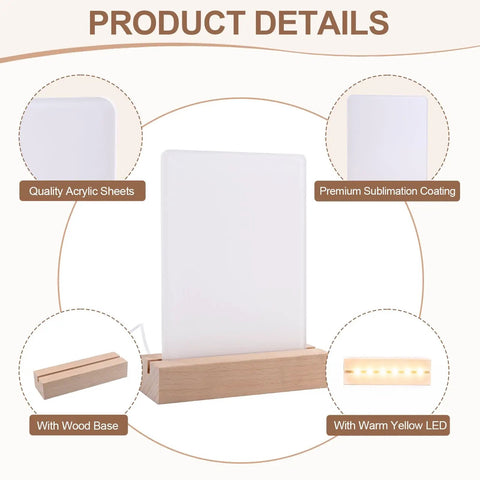 5 By 7 Inch Sublimation Ready Heart Shape LED Acrylic Photo Frames Set details with wood base, acrylic sheets, warm LED
