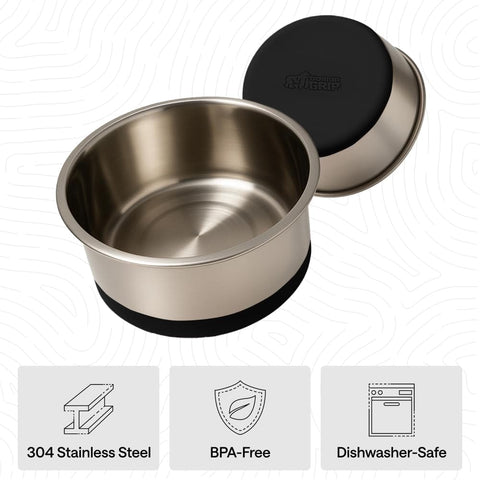 Stainless Steel Dog Bowls With Non Slip Rubber Base Built To Last Food Grade 304 Heavy Duty Each Holds Four Cups Or Thirty Two Fluid Ounces Dishwasher Safe Rust Resistant BPA Free Great For Dogs And Cats Set Of Two Black.