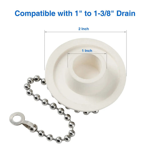 Heavy Hitter 2 Pack Rubber Tub Stopper With Smooth Pull Chain Fits 1 To 1 3 8 Inch Drains showing dimensions and chain detail.