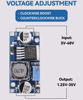 Five Pack LM2596 DC Buck Converter Module 3.0-40V In, 1.5-35V Out, Adjustable Voltage Regulator With LED Indicator labeled for input and output voltages