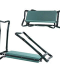 Folding Garden Stool With Cushioned Kneeling Seat Comfortable Garden Bench And Work Stool Includes Two Large Tool Bags Heavy Duty Outdoor Chair And Yard Sidekick For Weeding Planting And Patio Projects Easy Foldable Sturdy All Day Comfort, shown in a folded and unfolded position.