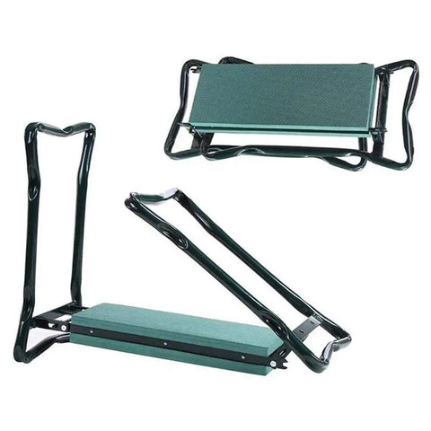Folding Garden Stool With Cushioned Kneeling Seat Comfortable Garden Bench And Work Stool Includes Two Large Tool Bags Heavy Duty Outdoor Chair And Yard Sidekick For Weeding Planting And Patio Projects Easy Foldable Sturdy All Day Comfort, shown in a folded and unfolded position.