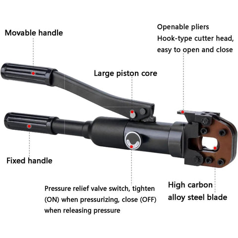 Heavy Duty Hydraulic Cable Cutter Pliers With 6 Ton Cutting Capacity For Ropes And Wires shown with movable handle and large piston core.