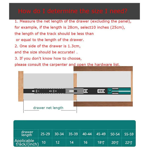 Illustration showing measurement guide for Full Extension Ball Bearing Drawer Slides With Soft Close For Cabinets And Furniture.