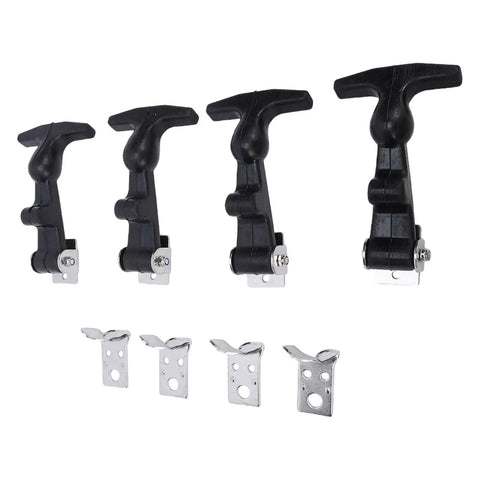 Elastic Stainless Steel Rubber Hood Catch Set with T Handle, 4 Pack, featuring black rubber latches and silver brackets for easy installation.