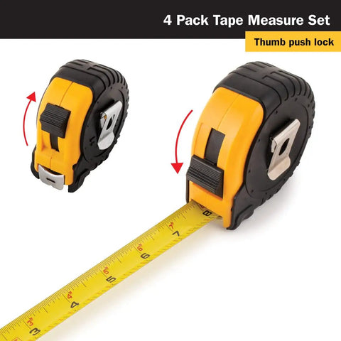 Heavy Duty Tape Measure Set With Easy Read Markings And Durable Case, ergonomic grips, 4 piece. Tape extended showing blade lock.