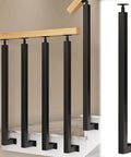Rock Solid Square Metal Stair Spindles Side Mount Baluster Kit With Zero Hassle Setup And Screws Top Shelf Banister Columns For Deck Steps And Patio 25 Pack 43 Inch Height, displaying five black iron balusters alongside wooden railing.