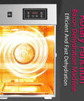 Rotary Meat Dryer And Commercial Food Dehydrator With 24 Hour Digital Timer For Sausage Bacon Chicken Jerky And Beef, stainless steel, inner view, efficient drying.