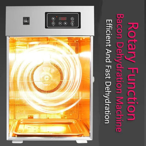 Rotary Meat Dryer And Commercial Food Dehydrator With 24 Hour Digital Timer For Sausage Bacon Chicken Jerky And Beef, stainless steel, inner view, efficient drying.