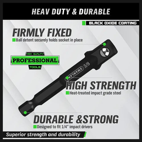 Seven Piece Impact Socket Adapter Kit For Drills With Hex Shank To One Quarter Inch, Three Eighths Inch And One Half Inch Drive Adapters