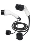Heavy Duty Type Two To Type One EV Charging Cable Sixteen Feet Long SAE J1772 Adapter with white connector and flexible black cord.