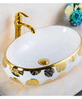 Bathroom Sink Hotel Bathroom Wash Basin Oval Above Table Basin Gold Leaf Flower Art Basin Decorative Wash Basin Bathroom Sink Vessel with gold accents