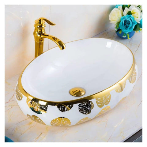Bathroom Sink Hotel Bathroom Wash Basin Oval Above Table Basin Gold Leaf Flower Art Basin Decorative Wash Basin Bathroom Sink Vessel with gold accents