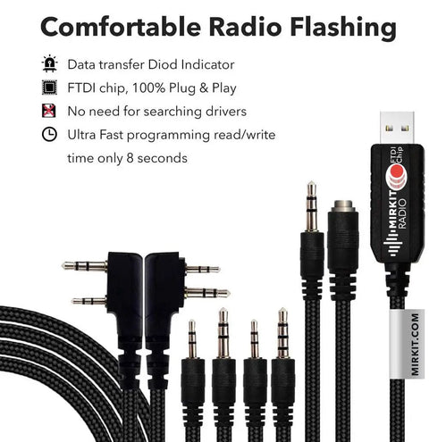 Universal 6 In 1 USB Ham Radio Programming Cable With 59 Inch Extended Length, showing connectors for various radio brands.