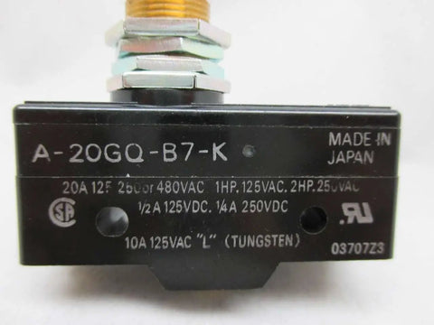 Industrial Grade A-20GQ-B7-K 480V AC 20A Switch with specifications and certifications displayed