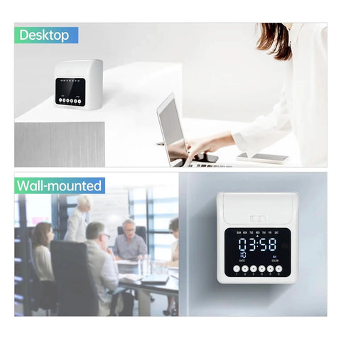 No Sweat Electronic Time Clock For Employee Attendance With Secure Passcode Lock and Bulk Time Cards, displayed on desktop and wall.