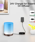 Blue essential oil diffuser connected to 24V 1A power adapter from 100V to 240V AC to 24V DC UL listed with 5.5mm plug