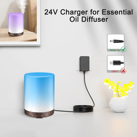 Blue essential oil diffuser connected to 24V 1A power adapter from 100V to 240V AC to 24V DC UL listed with 5.5mm plug