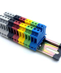 DIN Rail End Cap Protectors Set, 20 Pieces For 35mm Wide NS Rails installed with colorful terminal blocks