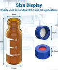 Pro Move 2ML Amber Glass Autosampler Vials With 9-425 Screw Top Caps And PTFE Silicone Septa For HPLC And GC Chromatography Labs size display showing measurements.