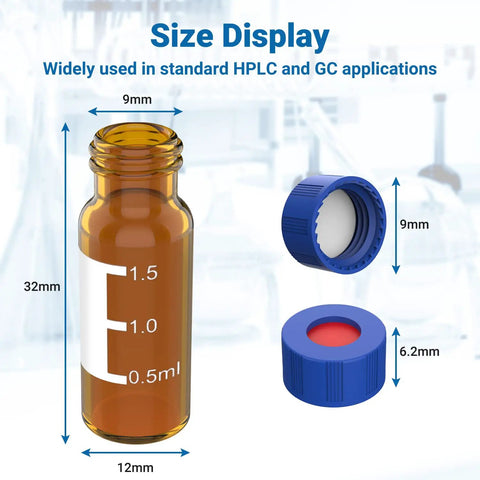 Pro Move 2ML Amber Glass Autosampler Vials With 9-425 Screw Top Caps And PTFE Silicone Septa For HPLC And GC Chromatography Labs size display showing measurements.