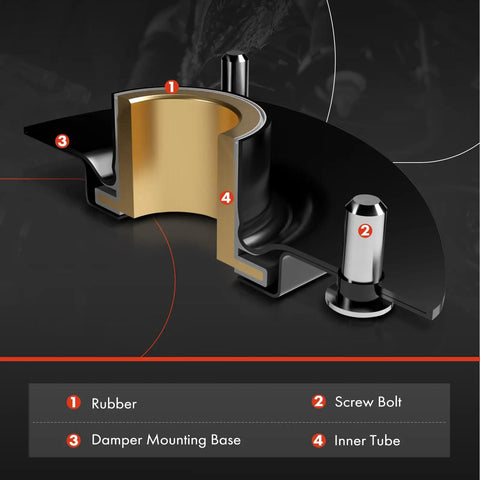 Cross-section of front suspension strut mount showcasing rubber, screw bolt, and damper mounting base.