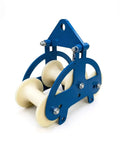 Beefy Heavy Duty Cable Pulley Roller Guide Block With Steel Frame And Visible Fasteners For Industrial Utility Maintenance On Job Sites Three Wheel Nylon Wheels 160 And 140mm, blue steel frame