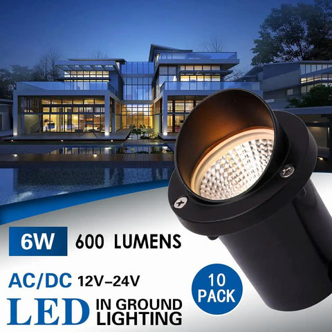LED Low Voltage Landscape Light 12-24V AC/DC Shielded In-Ground Well Light IP67 Waterproof 3000K Warm White For Pathway Walkway Yard Deck Patio Garden Outdoor Lighting Kit 6W 600LM 10 Pack Boom Bright