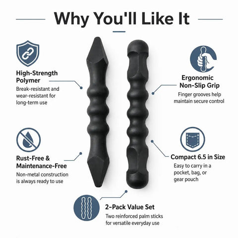 Product features diagram of 2-Pack Yawara Stick Set 6.5 Inch High Impact Polymer For Self Defense And Training, Ergonomic Non-Slip Grip With Textured Finger Grooves, Durable Security And Sports Stick Duo.