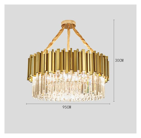Top Notch Gold Chandelier With Genuine K9 Crystals, Eight Bulb Led Pendant Fixtures, slick dining room and kitchen lighting, 95cm size.