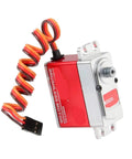 Badass High Voltage Digital Servo Motor With All Metal Gears And Crushing 32 Kilogram Torque Sick For Rc Trucks Cars And Tanks Dishing Out Blazing Speed At Eight Point Four Volts For Hardcore Off Road Adventures, close-up of red and silver servo motor with wiring.