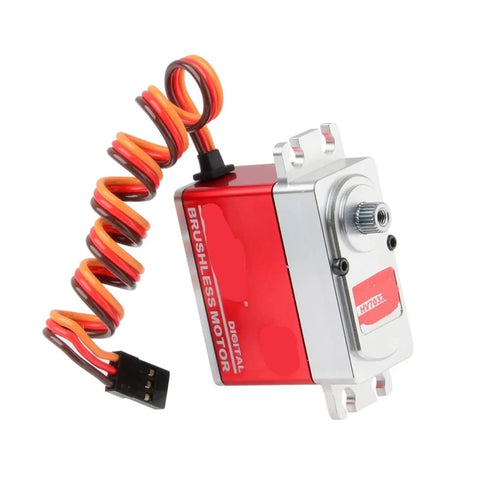 Badass High Voltage Digital Servo Motor With All Metal Gears And Crushing 32 Kilogram Torque Sick For Rc Trucks Cars And Tanks Dishing Out Blazing Speed At Eight Point Four Volts For Hardcore Off Road Adventures, close-up of red and silver servo motor with wiring.