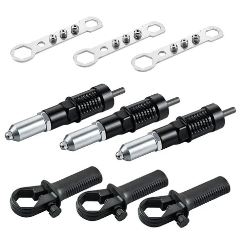 Cordless Rivet Gun Adapter Kit For Drills, Converts Any Drill Bit Into A Pro Riveting Tool With 4 Nut Cores And Blind Rivet Heads, Quick Connect Hex Design, Durable Aluminum Alloy Construction, Tool-Free Setup. Aluminum alloy drill adapter set with black rivet heads and wrench