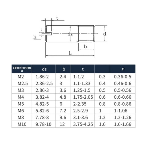 Diagram and specifications for Stainless Steel Dowel Pin Set 304 Slotted Outside Thread Solid Cylindrical Locator Pins M2 to M10