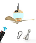 Portable Camping Fan With Light And Remote For Tents And Outdoors, Rechargeable Wireless Hanging Ceiling Fan with remote and USB cable