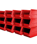 Heavy Duty Plastic Storage Organizers With Stackable Build And Hanging Rails Ideal For Workshop Hardware Sorting 9 By 5 By 5 Inch Red Bins 12 Pack, stacked red bins displaying open fronts for easy access.