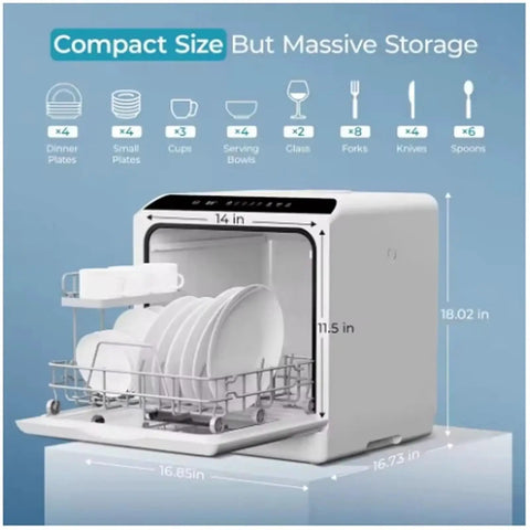 Totally Game Changing Compact Dishwasher With Built In Water Tank Featuring One Touch Start And Quick Wash Cycles To Deliver No Sweat Cleaning For Tiny Kitchens And Hectic Apartment Life Today showing measured dimensions and capacity.
