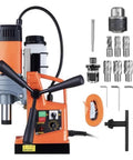Heavy Duty Mag Drill Kit For Steel Plate Metal Fabrication with gears, drill bits, and a stable base for accurate hole cutting.