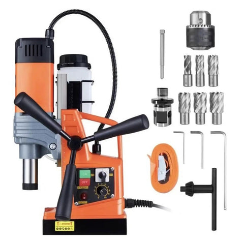 Heavy Duty Mag Drill Kit For Steel Plate Metal Fabrication with gears, drill bits, and a stable base for accurate hole cutting.