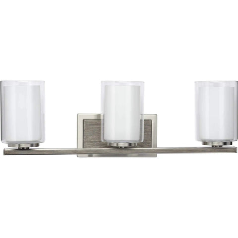 Four Light Linear Chandelier In Brushed Nickel With Faux Wood Back Plate And Clear And Etched Glass Shades For Spa Vibe Bath Vanity Lighting 7.75 In By 24 In