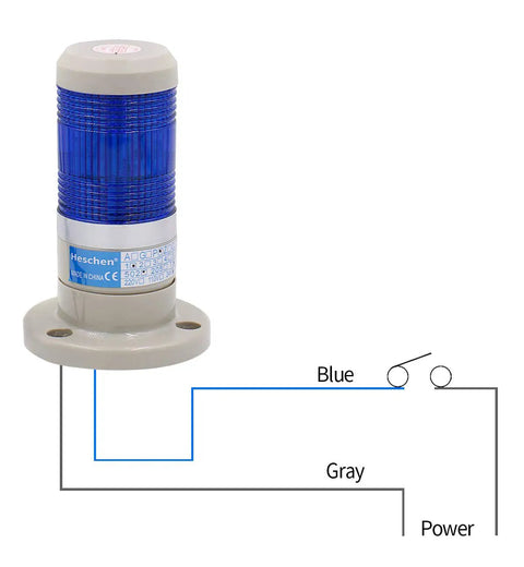 Blue 24V DC LED Tower Stack Light for industrial warning signals with wiring diagram and 80mm base, 125mm height indicator lamp