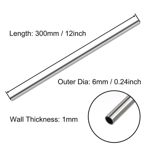 Side view of VictorsHome 304 stainless steel round tubing, 6mm OD, 1mm wall, 300mm length, 2 pcs