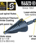 Heavy Duty Step Drill Bit With Quick Release Spiral Flutes And Hex Shank, dual flutes, 7/8 to 1-1/8 inch sizes, aluminum nitride coating.