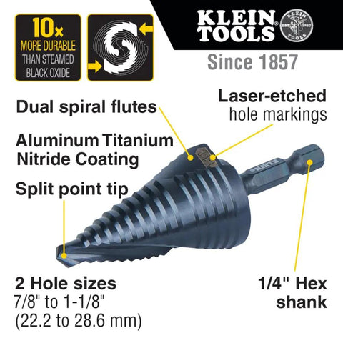Heavy Duty Step Drill Bit With Quick Release Spiral Flutes And Hex Shank, dual flutes, 7/8 to 1-1/8 inch sizes, aluminum nitride coating.