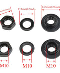Rear Bicycle Axle Kit 140mm M10 26 TPI Conical Lock Nut Washer Kit with black finish components and measurements.