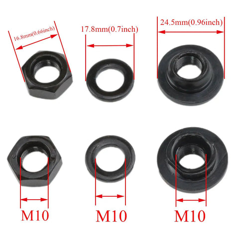 Rear Bicycle Axle Kit 140mm M10 26 TPI Conical Lock Nut Washer Kit with black finish components and measurements.