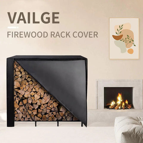 8 Foot Firewood Rack Cover With Front Zipper For Easy Top Access displayed indoors showing its heavy-duty 600D Oxford material.