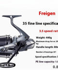 Surf Reel For Lake And Ocean Spinning Fishing Reels With Eight Bearings Left Handed Operation Interchangeable Handle Gear Ratio Three Point Five To One Suitable For Fake Bait Ocean Beach Rock And Lake Fishing Weighs About 460 To 510 Grams. Detailed view of fishing reel specs including 3.5 speed ratio and 8+1 bearings.
