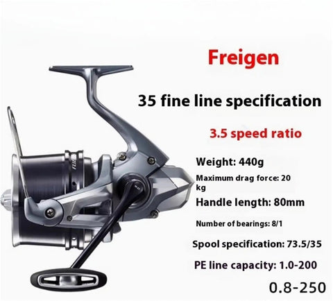 Surf Reel For Lake And Ocean Spinning Fishing Reels With Eight Bearings Left Handed Operation Interchangeable Handle Gear Ratio Three Point Five To One Suitable For Fake Bait Ocean Beach Rock And Lake Fishing Weighs About 460 To 510 Grams. Detailed view of fishing reel specs including 3.5 speed ratio and 8+1 bearings.