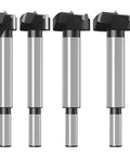 Front view of four 18mm steel wood hole saw drill bits with black cutting heads